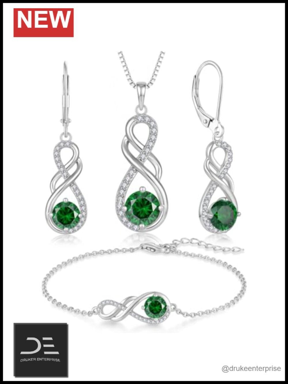 S925 Sterling Silver Created Emerald Infinity Jewelry Set Necklace Earrings